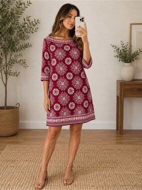 Max Studio Red Medallion Print Shift Dress XL 3/4 Sleeve Stretch